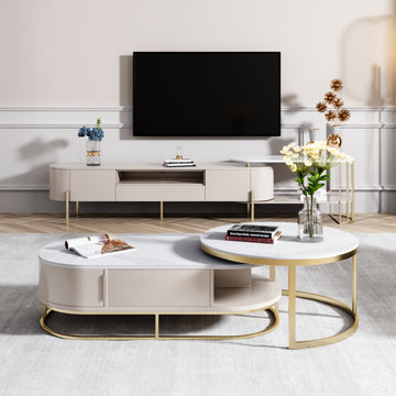 Icelandic style coffee table with marble textured tempered glass - high storage capacity - SMART SPACES