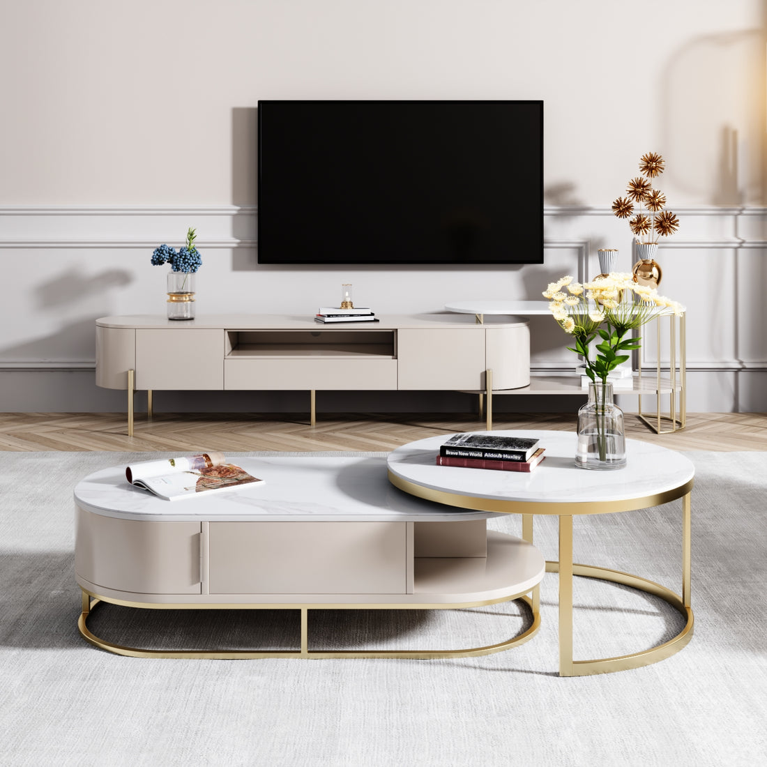 Icelandic style coffee table with marble textured tempered glass - high storage capacity - SMART SPACES