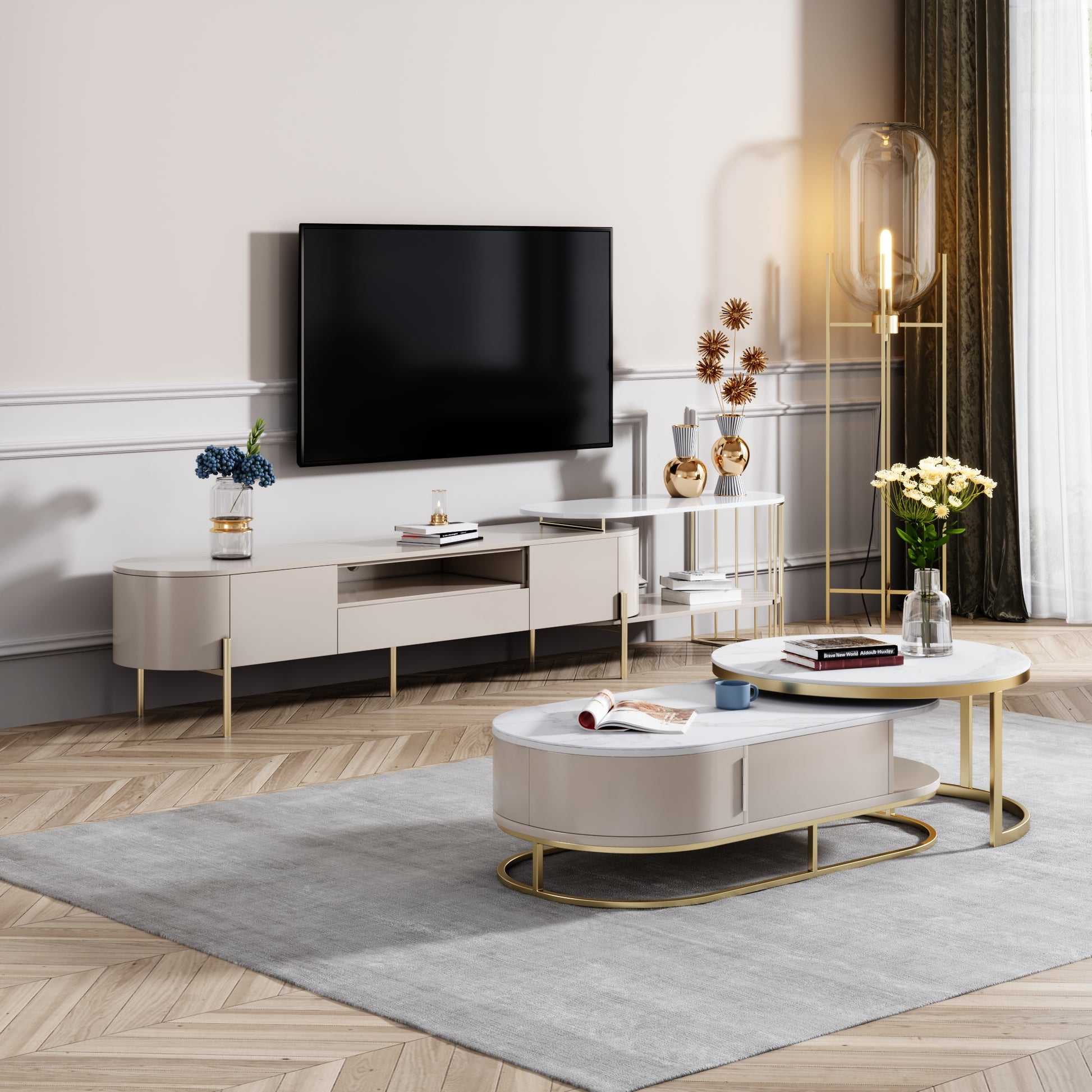 Icelandic style coffee table with marble textured tempered glass - high storage capacity - SMART SPACES