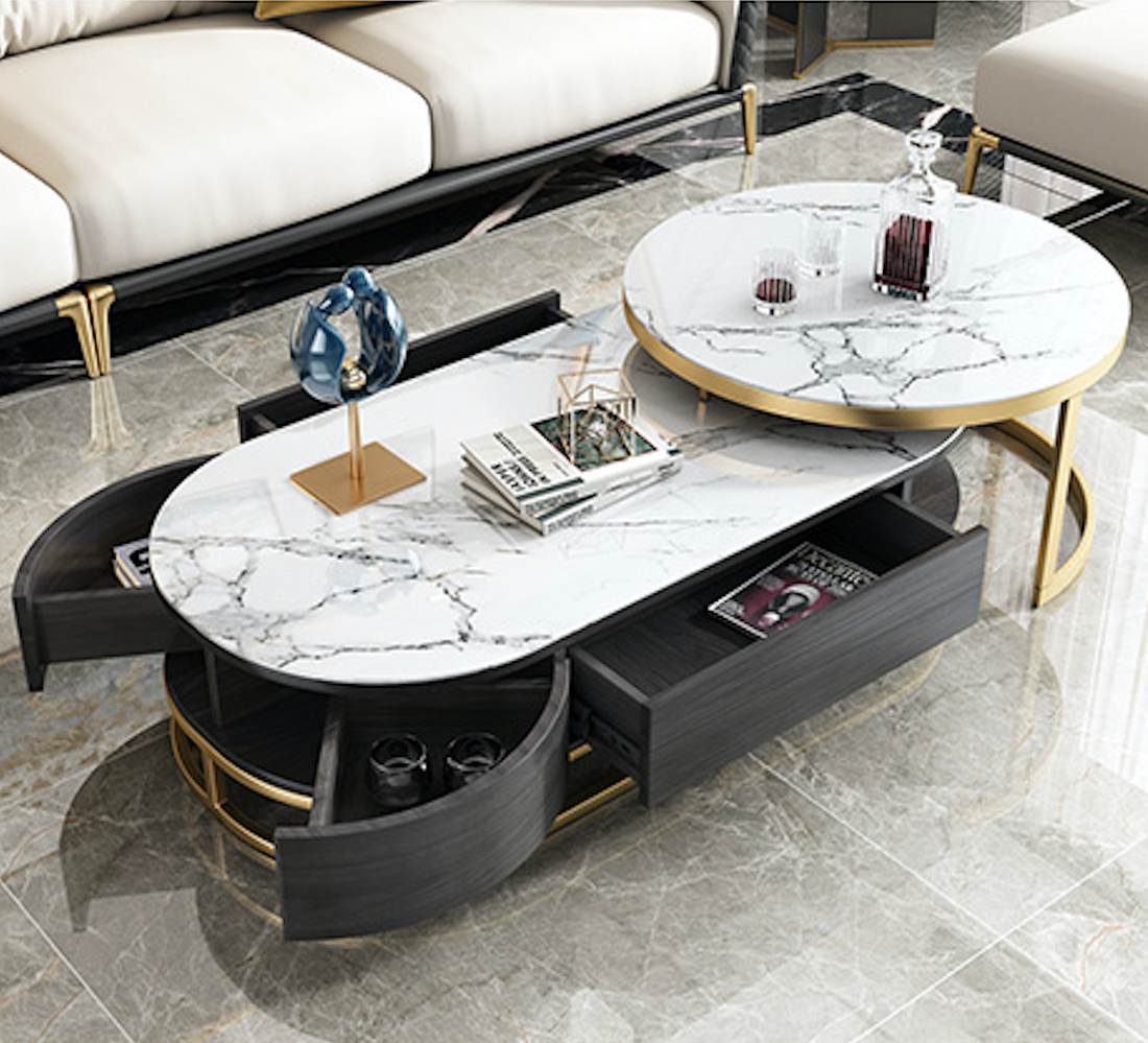 Icelandic style coffee table with marble textured tempered glass - high storage capacity - SMART SPACES